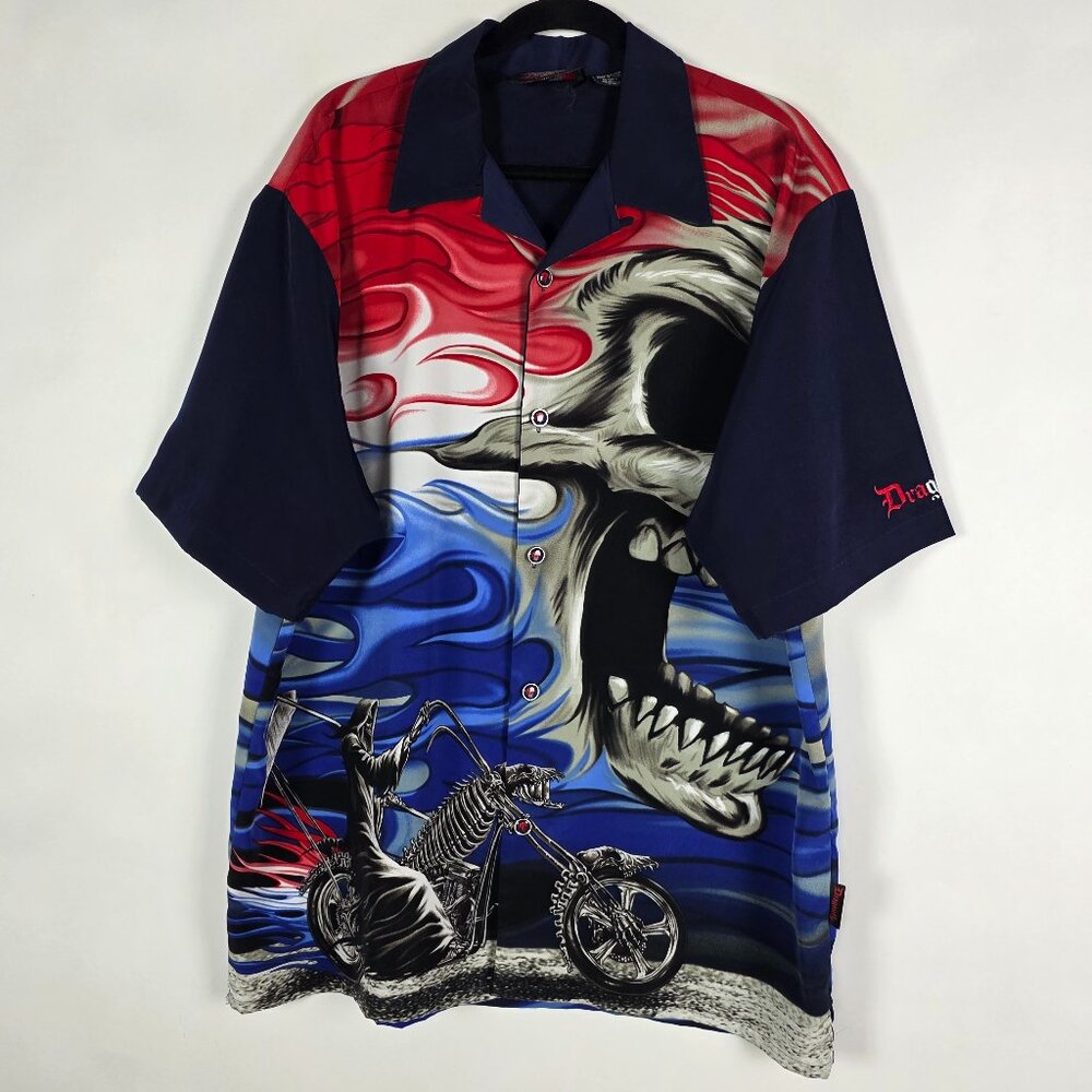 Vintage Y2K Dragonfly Roadhouse Skull Biker Mens XL Short Sleeve Button Shirt